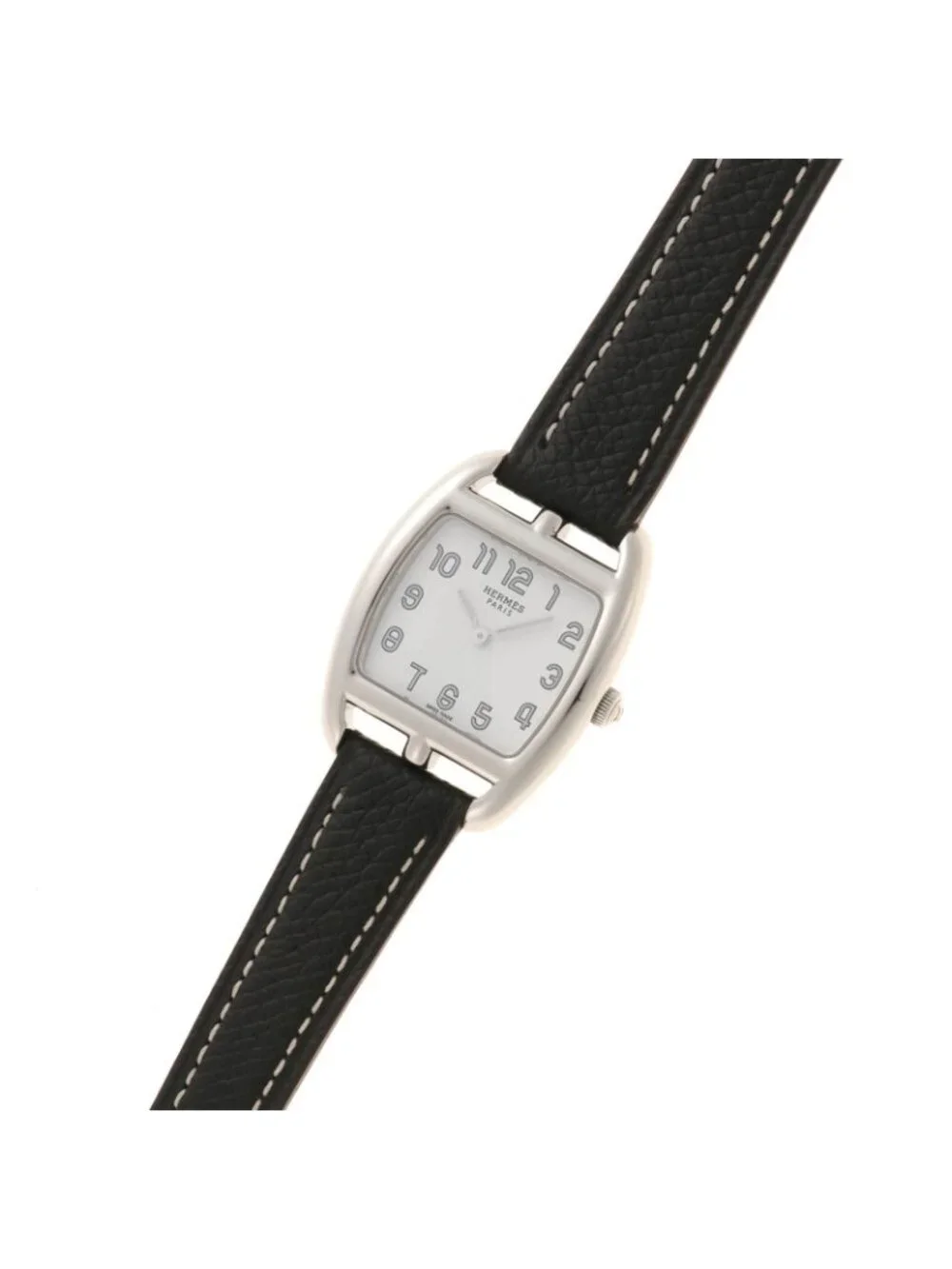 Hermes Cape Cod Tonneau Watch Steel Aftermarket Leather Strap White Dial